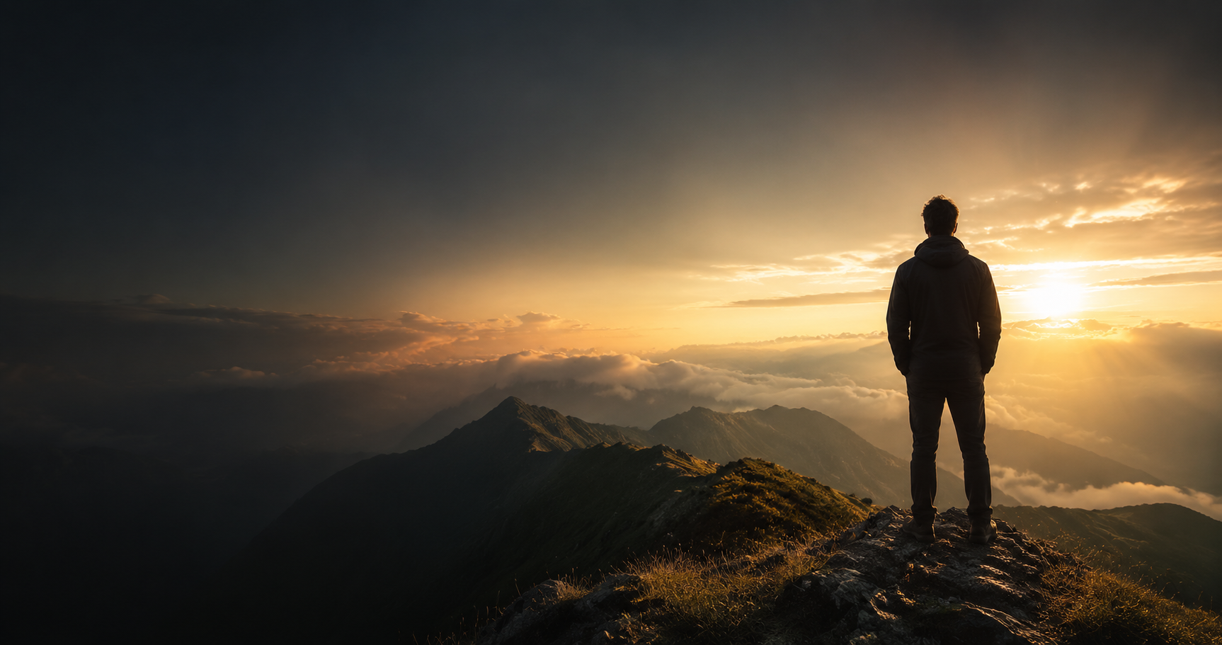 Blick von einem Berggipfel in einen goldenen Sonnenaufgang